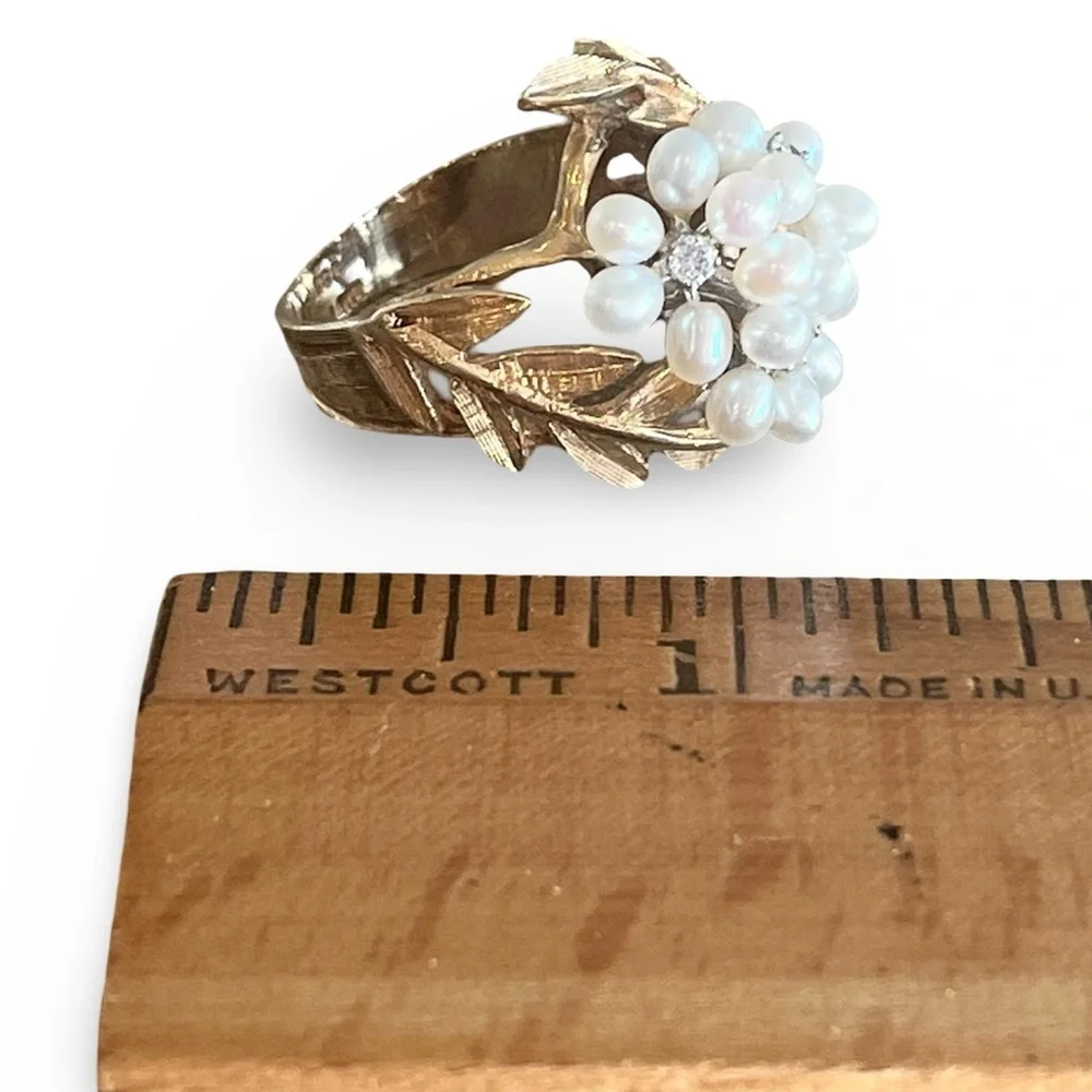 Mid-Century 14 K Solid Gold Seed Pearl Diamond Laurel Wreath Ring Size 6.5